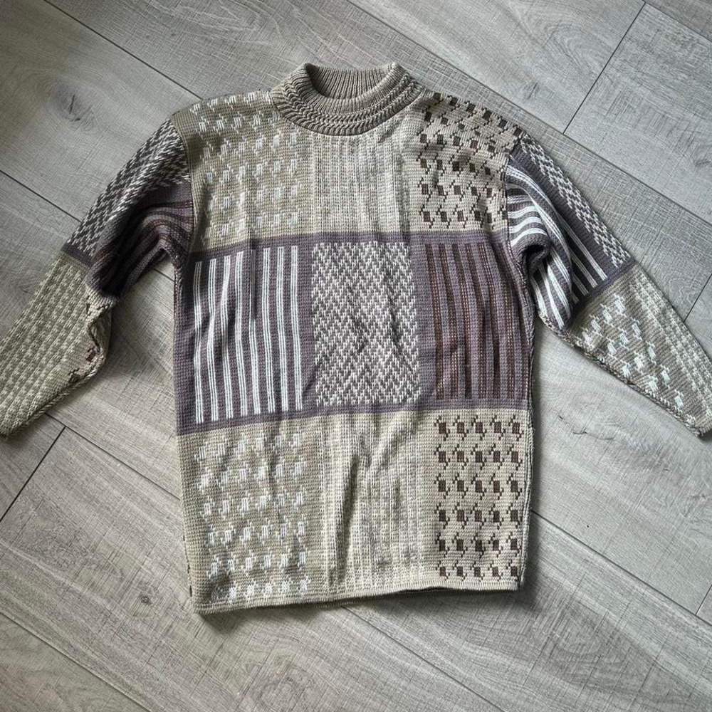Vintage 90s Geometric Patchwork Knit Sweater‎ | Earth Tones | Unisex M